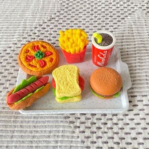 Set of 6 food erasers w/ tray 🍔🍟